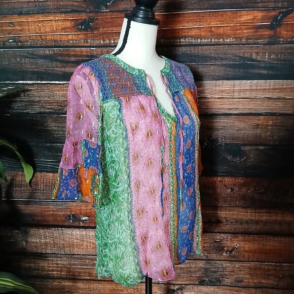 Anthropologie Akemi + Kin Peasant Top S Sheer Lyocell Bell Sleeve Patchwork - Picture 5 of 9
